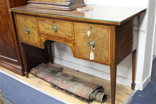 A George III mahogany and satinwood banded sideboard, W.144cm D.56cm H.94cm